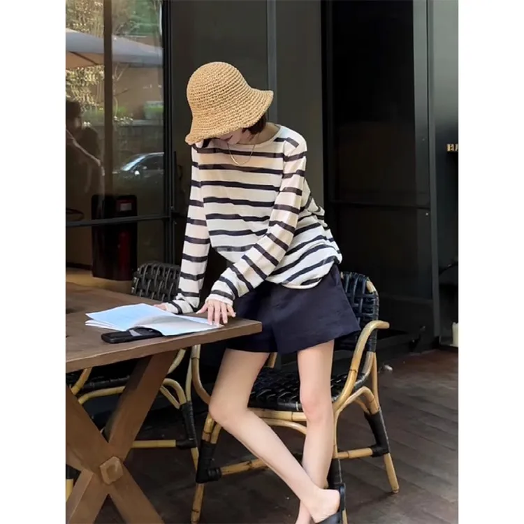 法式黑白条纹长袖防晒空调衫女夏季吊带外搭慵懒风罩衫针织上衣薄