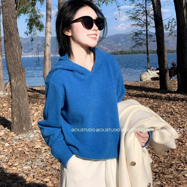 克莱因蓝连帽针织打底衫毛衣女秋冬季慵懒高级感内搭宽松套头上衣