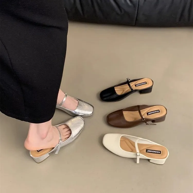 法式包头半拖鞋方头女外穿银色高级感气质玛丽珍晚晚鞋粗跟拖鞋女