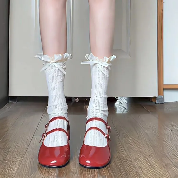 丽珍花边蕾丝袜子女中筒网眼薄款透气蝴蝶结堆堆小腿袜jk夏季夏