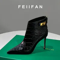 【现货】高跟短靴2025秋冬新款女士细跟不累脚尖头法式黑色靴子1049