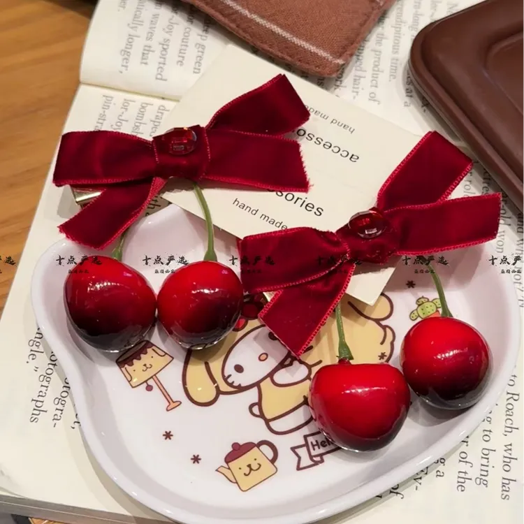 少女风冬日樱桃发夹蝴蝶结鸭嘴夹气质发卡前额刘海夹子头饰