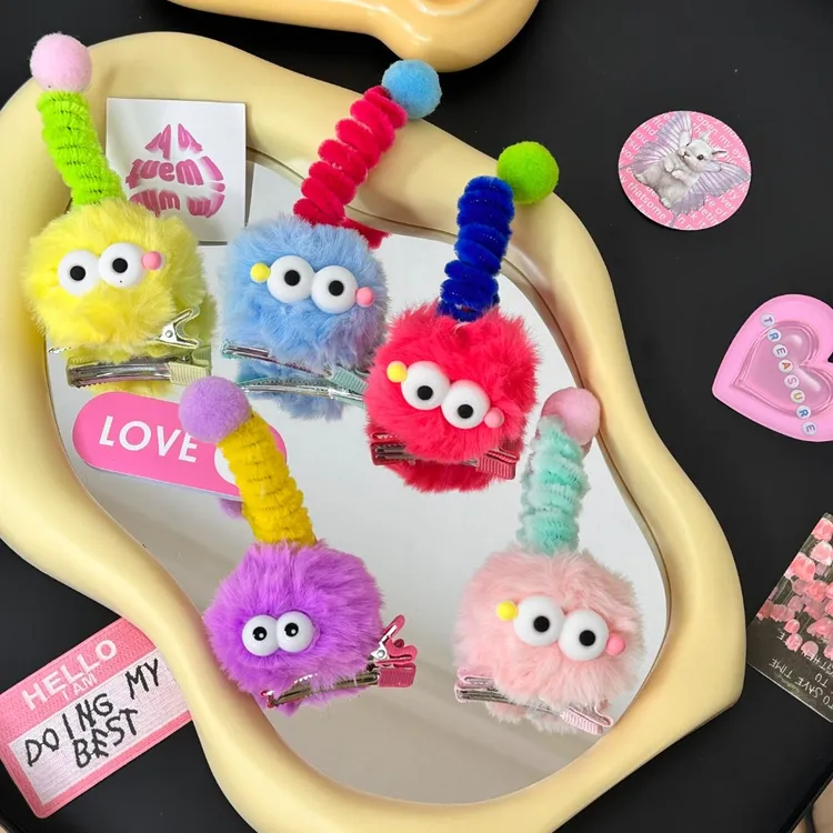 2025五个装可爱大眼毛球发夹女炸毛丑娃娃刘海边夹侧边搞怪头饰