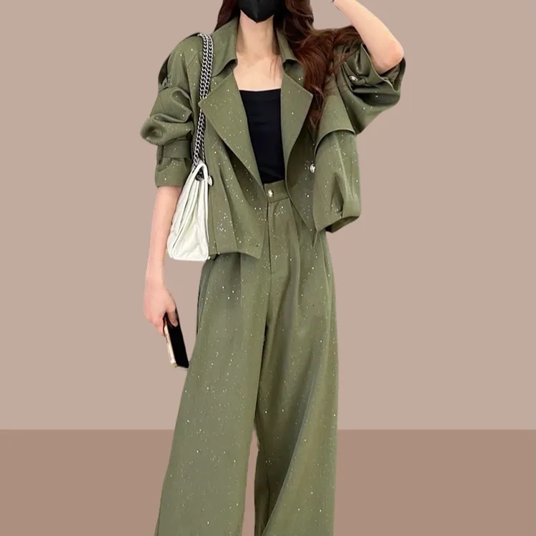 2024年秋季休闲时尚新款复古宽松上衣女显瘦气质阔腿裤套装三件套
