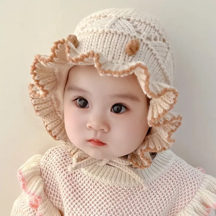 宝宝帽子秋冬季花边甜美公主婴儿毛线帽男女童针织渔夫帽护耳保暖