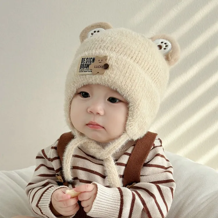 宝宝帽子秋冬季可爱小熊男女童毛绒帽新款加厚防风护耳婴儿针织帽
