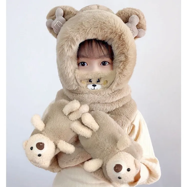 儿童帽子冬季女童围巾一体帽男童宝宝围脖手套三件套口罩防风护耳