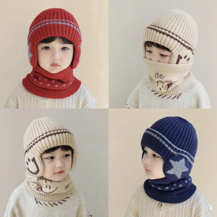 儿童帽子围脖二件套秋冬男童加绒护耳帽婴儿加厚保暖毛线宝宝套帽