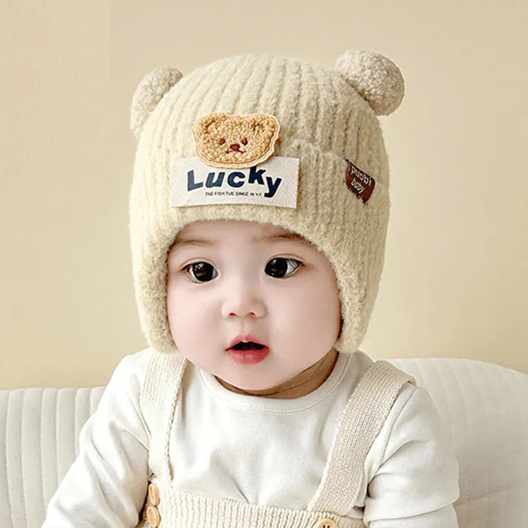 宝宝帽子秋冬季韩版男童女婴幼儿可爱小熊毛线帽护耳帽套头厚保暖