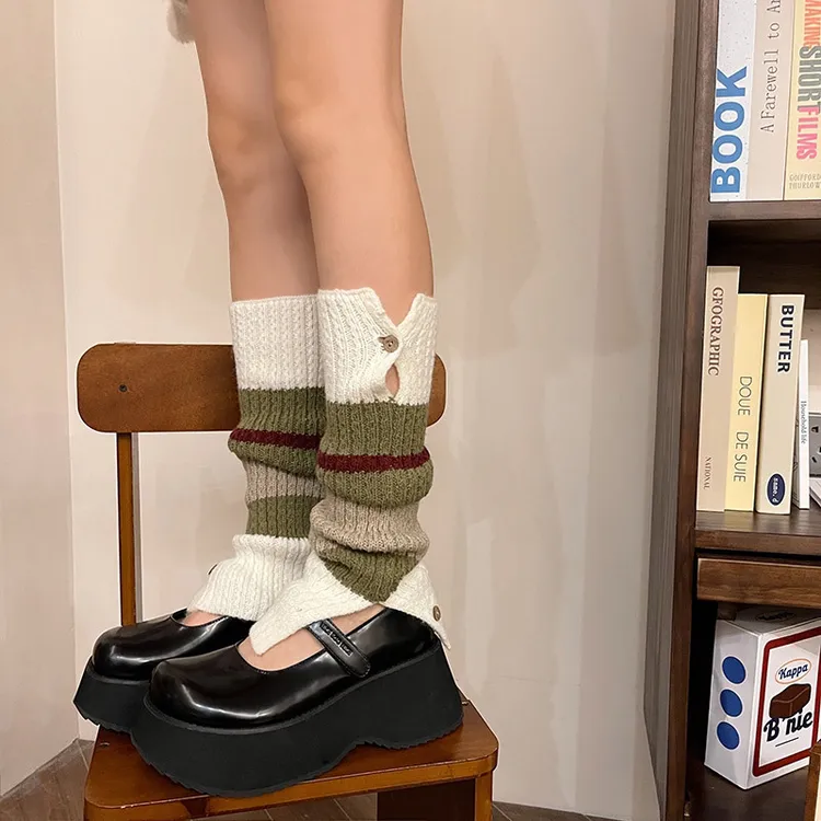 拼色堆堆袜套复古英伦风纽扣开口针织毛线撞色腿套学院ins少女