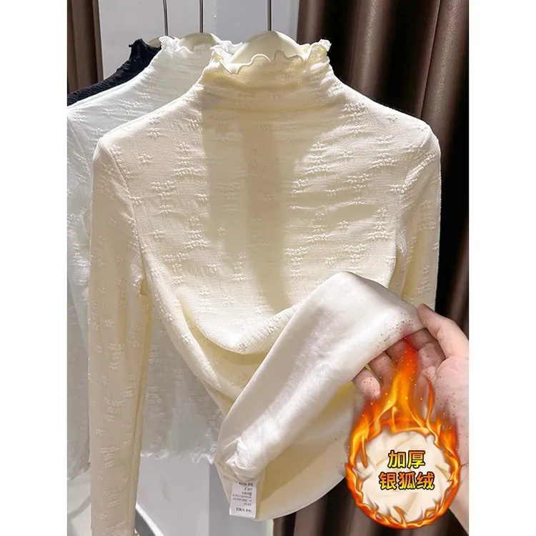 半高领蕾丝打底衫女内搭皮草秋冬中领花边领加绒加厚保暖网纱上衣