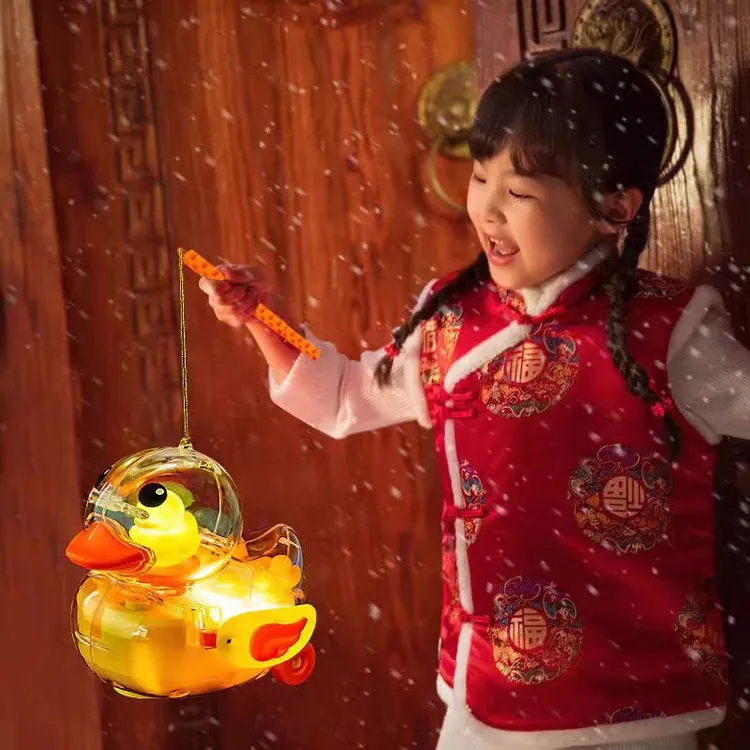 中秋新款儿童卡通手提灯笼电动万向炫彩灯光跳舞小鸭音乐发光玩具