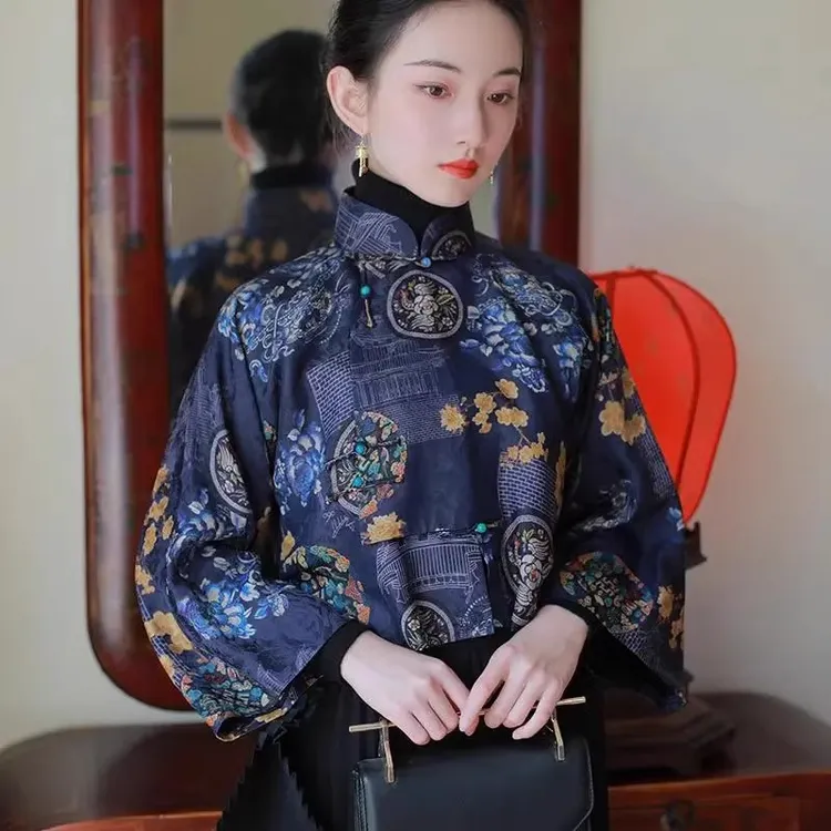 2024汉服女款印花中式盘扣倒大袖上衣改良国风复古女装