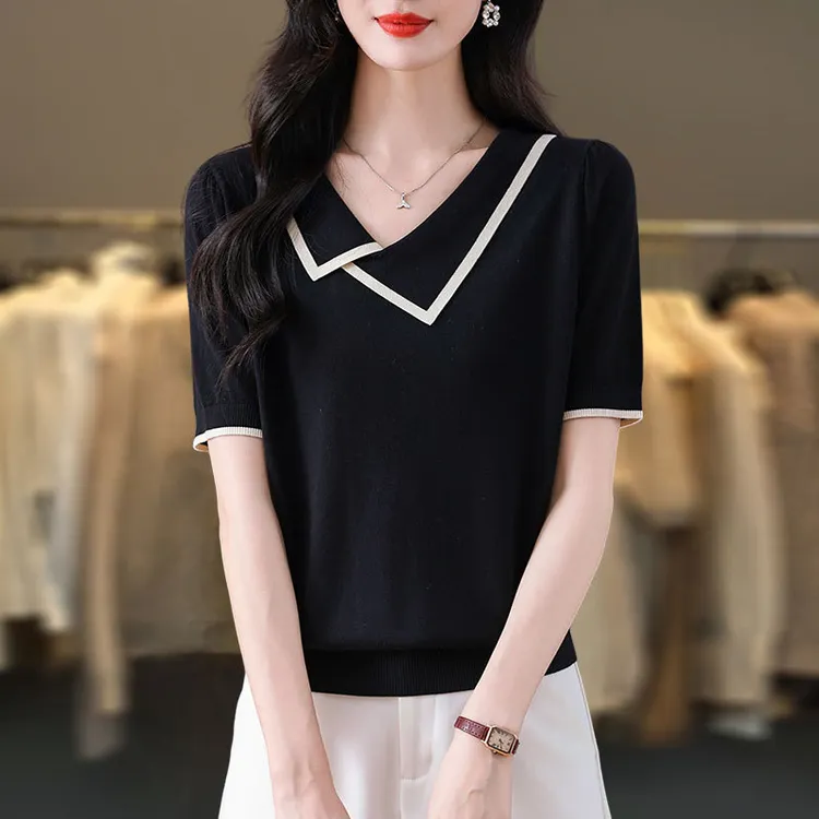 冰丝针织短袖T恤女2024新款显瘦大码女装夏装中年妈妈设计感上衣