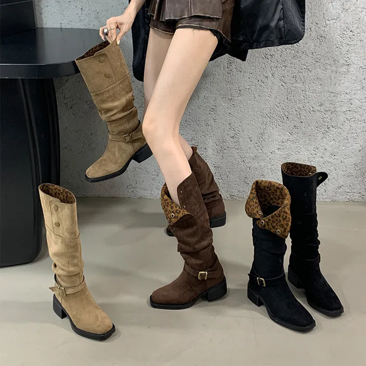 长靴骑士靴女瘦瘦靴子2025秋冬新款粗中跟时髦绒面长筒西部牛仔靴