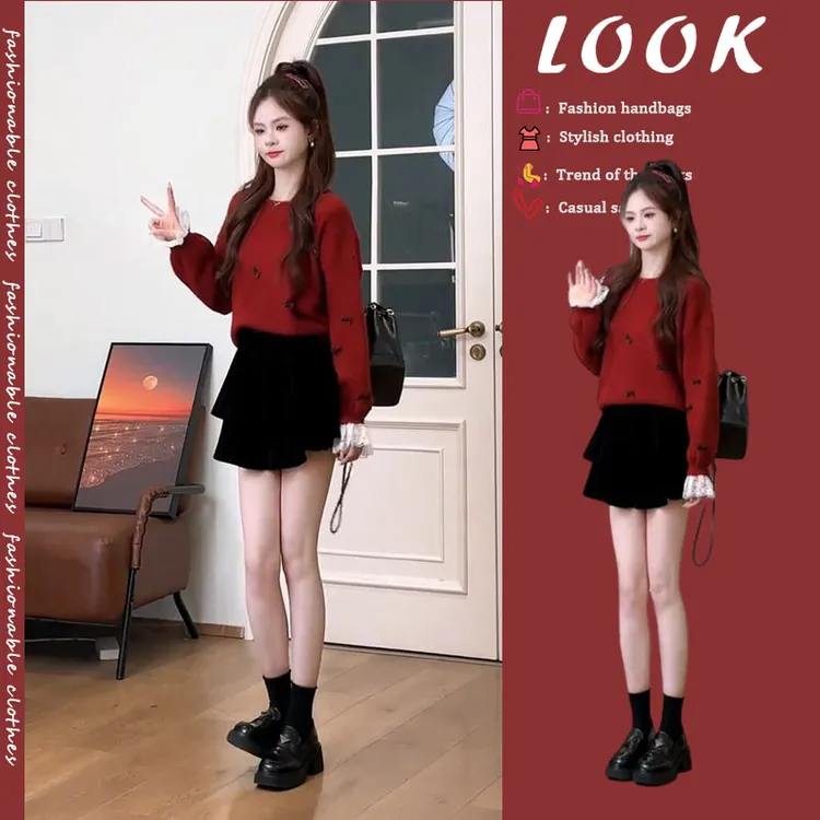 韩系氛围感穿搭秋冬季2024新款时尚针织上衣高腰半身短裙两件套潮