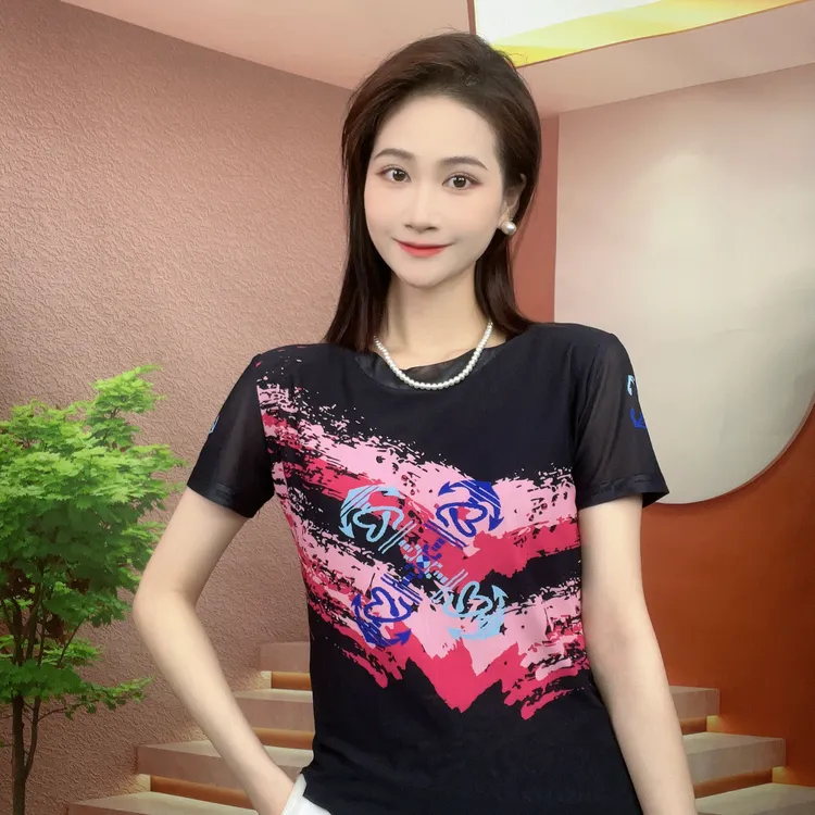 2025夏季新款时尚百搭显瘦气质肌肤纱短袖圆领T恤印花上衣 A035