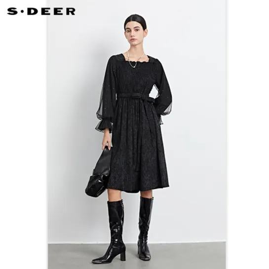S·DEER气质优雅秋季长袖潮牌女秋冬黑色显瘦时尚女士设计连衣裙