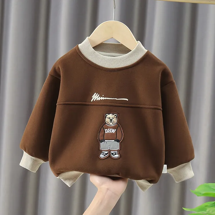 男童加绒卫衣秋冬季2024新款保暖冬装小童衣服女童一体绒宝宝上衣