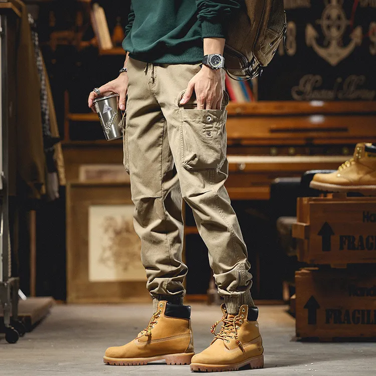美式多口袋工装裤男士潮牌宽松直筒拉链束脚机车休闲裤子男战术裤