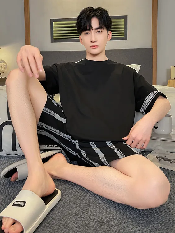 睡衣男夏季薄款纯棉短袖短裤青少年简约圆领2024新款两件套家居服