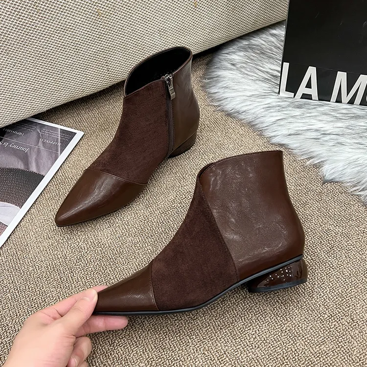 美拉德复古尖头短靴女真皮粗跟时尚法式裸靴拼接时装切尔西马丁靴