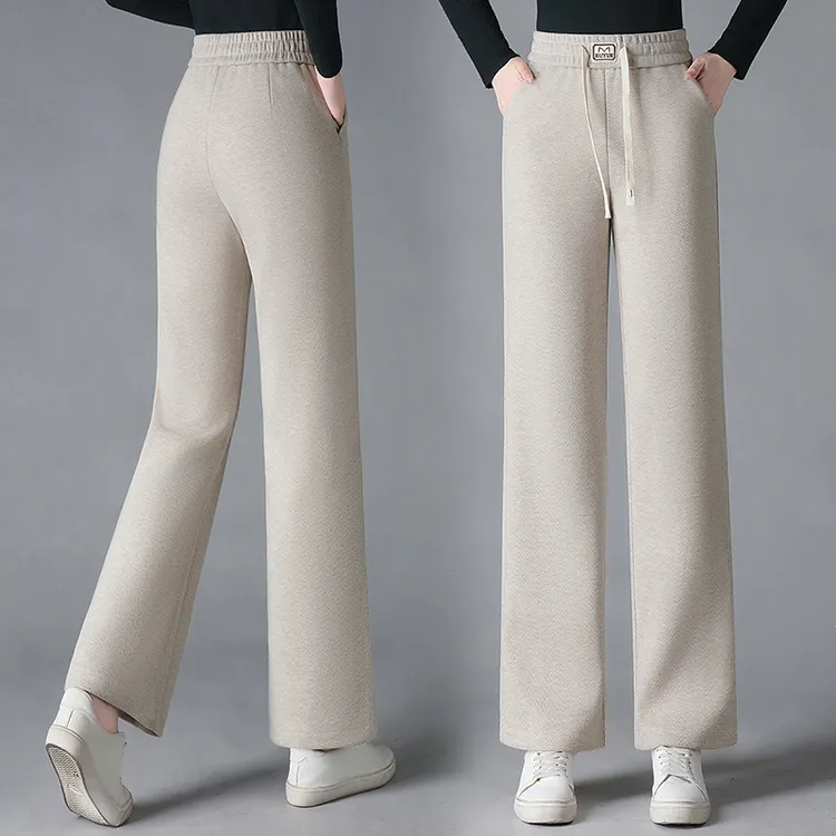 绵羊毛呢窄版阔腿裤子女裤加厚加绒秋冬季新款时尚百搭高腰直筒裤