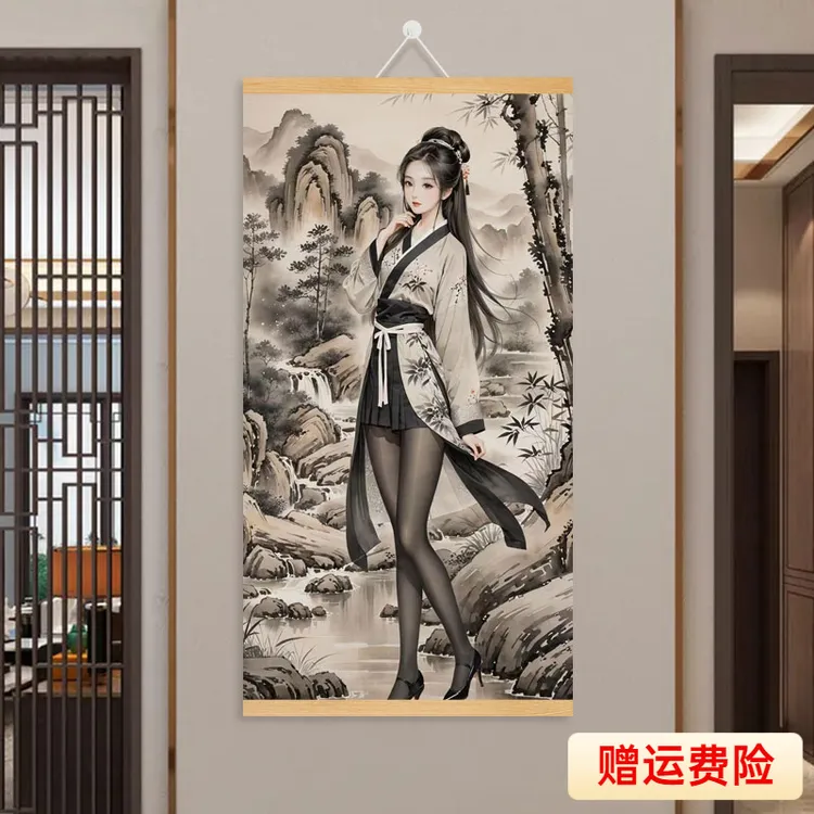 仕女图客厅背景墙挂画黑色仿古挂画装饰画网红款古风仕女图挂画