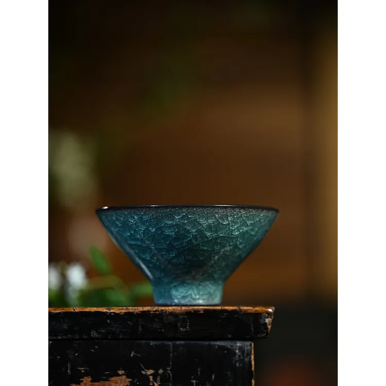 蓝色妖姬冰花主人杯单杯开片陶瓷冰裂杯蓝冰斗笠个人专用高档茶杯
