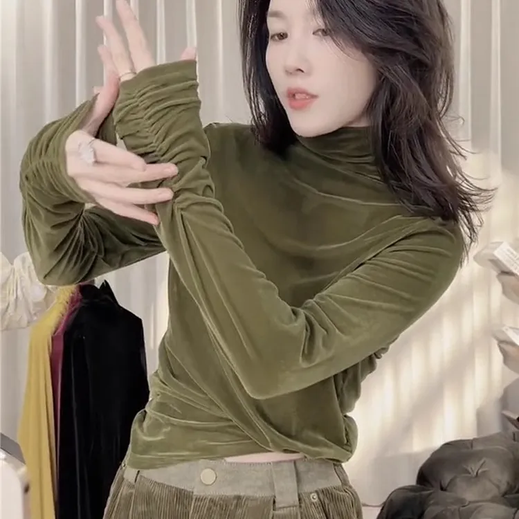 2025春秋新款法式小香风丝绒打底衫女士设计感洋气内搭高领上衣服