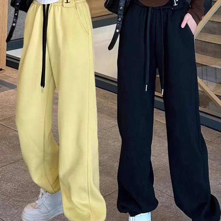 小个子加绒加厚宽松休闲运动卫裤女2025春秋垂感直筒束脚哈伦长裤