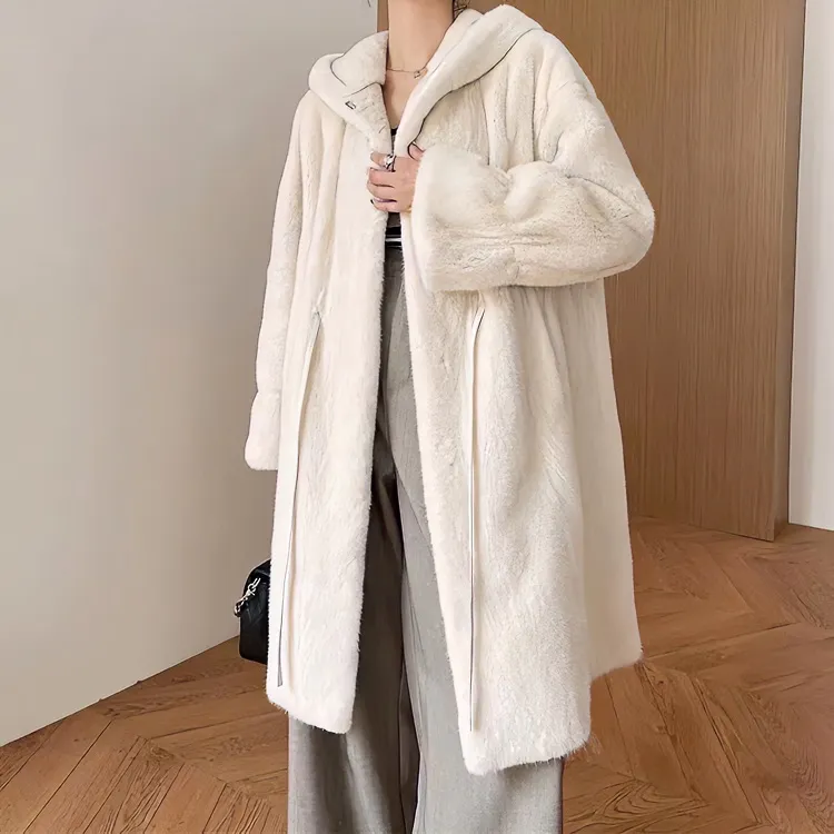 【珊珊】2023长款连帽进口短二天鹅绒秋冬水貂毛皮草外套女款气质
