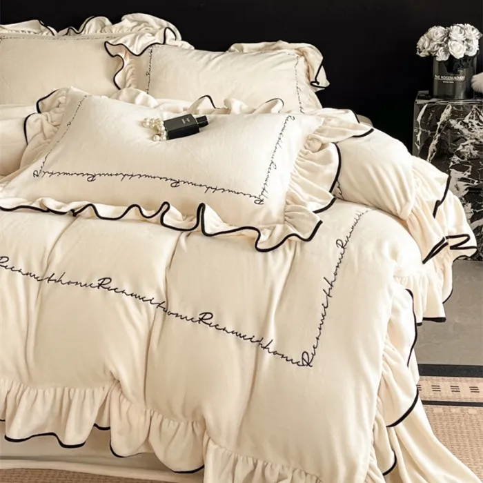 【大姚家纺】A类轻奢风荷叶边牛奶绒加厚绣花四件套