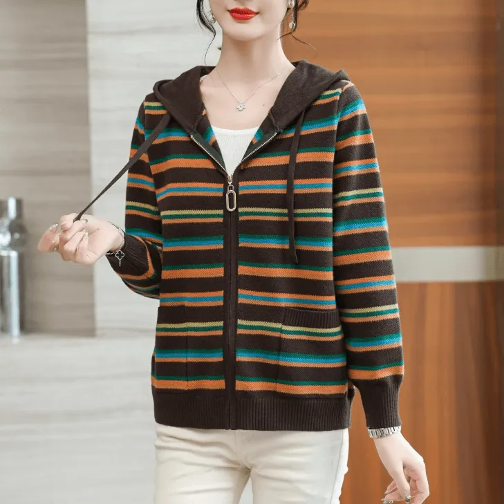 百搭妈妈秋装新款条纹针织开衫连帽宽松大码外搭休闲毛衣外套825