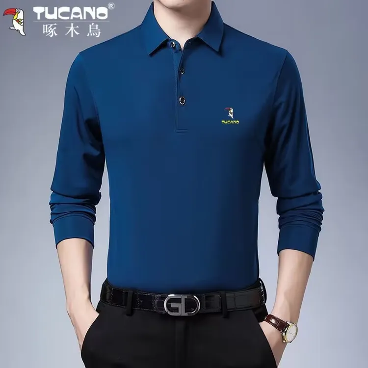 啄木鸟正品新款男士长袖t恤翻领薄款春秋新款打底衫纯色中年上衣