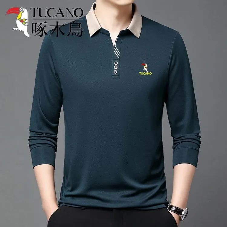 啄木鸟新款春秋季翻领长袖t恤2024新款剪刀领休闲中年polo衫上衣