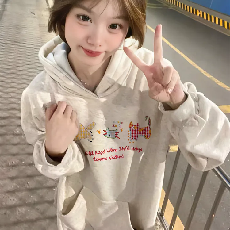 灰色连帽加绒卫衣女2025新款爆款秋冬加厚美式宽松带帽慵懒风外套