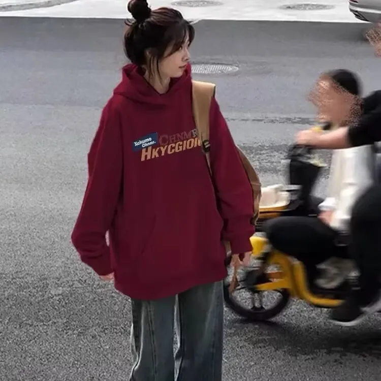 纯棉酒红色连帽卫衣女2025新款爆款秋冬加绒加厚宽松美式带帽外套