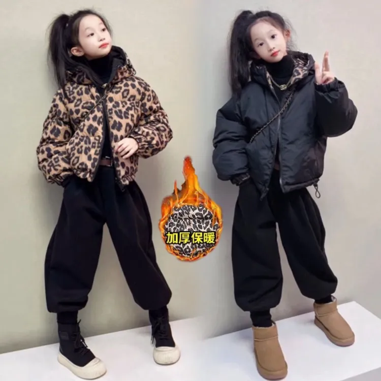 女童棉服加厚冬装儿童豹纹棉衣2025新款双面穿外套加绒灯笼裤套装