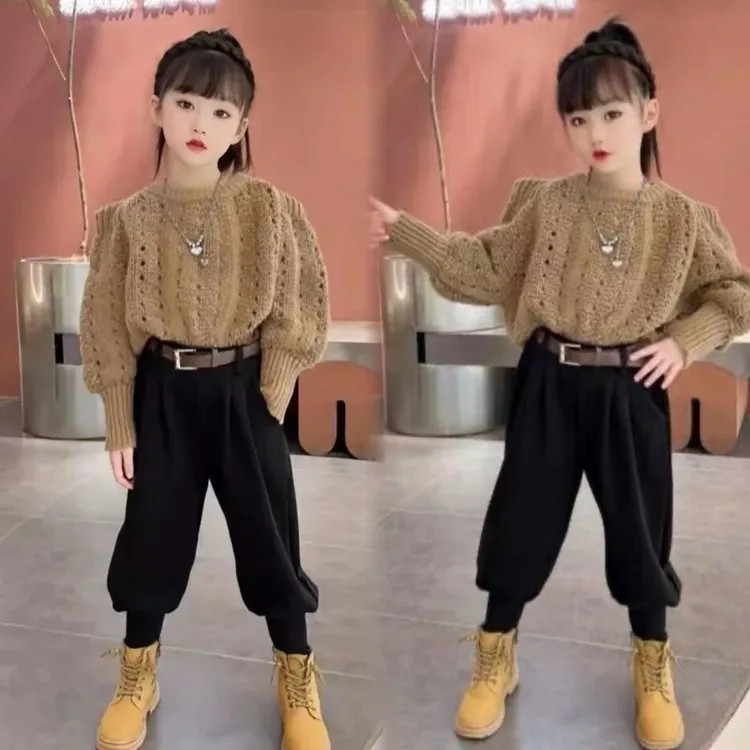 女童秋装毛衣套装2025新款网红中大儿童洋气春秋休闲哈伦裤两件套