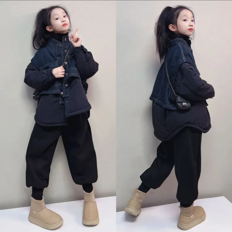 女童冬装加厚拼接牛仔棉衣套装2024中大童新款加绒哈伦裤两件套潮