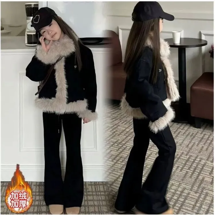 女童牛仔外套2025新款中大童韩版加绒加厚保暖冬装毛毛衣加绒套装