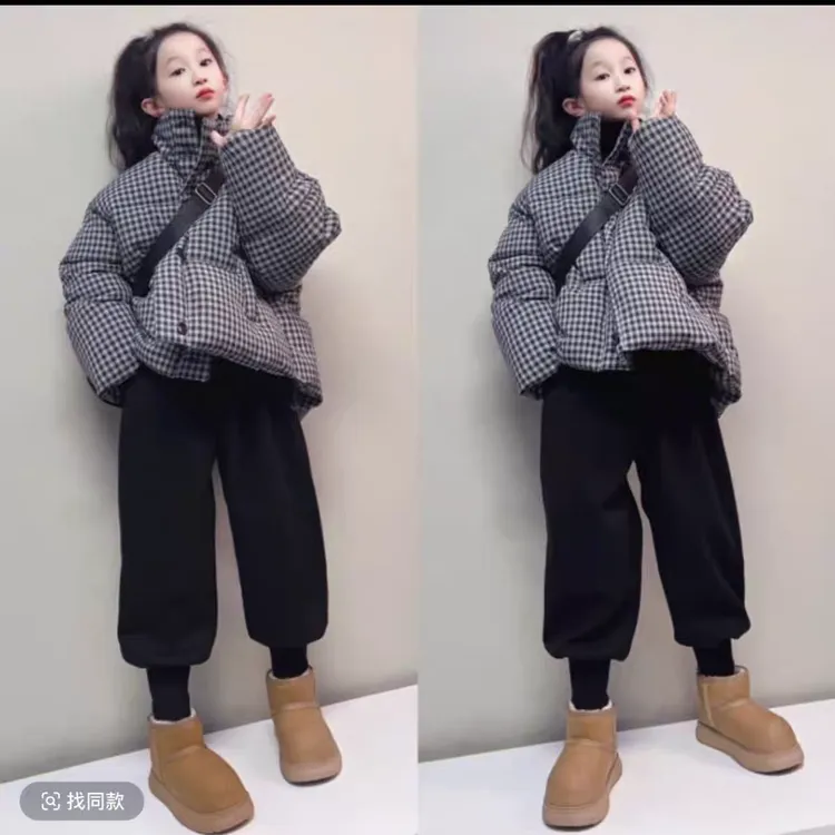 女童棉服冬季套装2025新款洋气格子加厚棉袄加绒哈伦裤爆款两件套