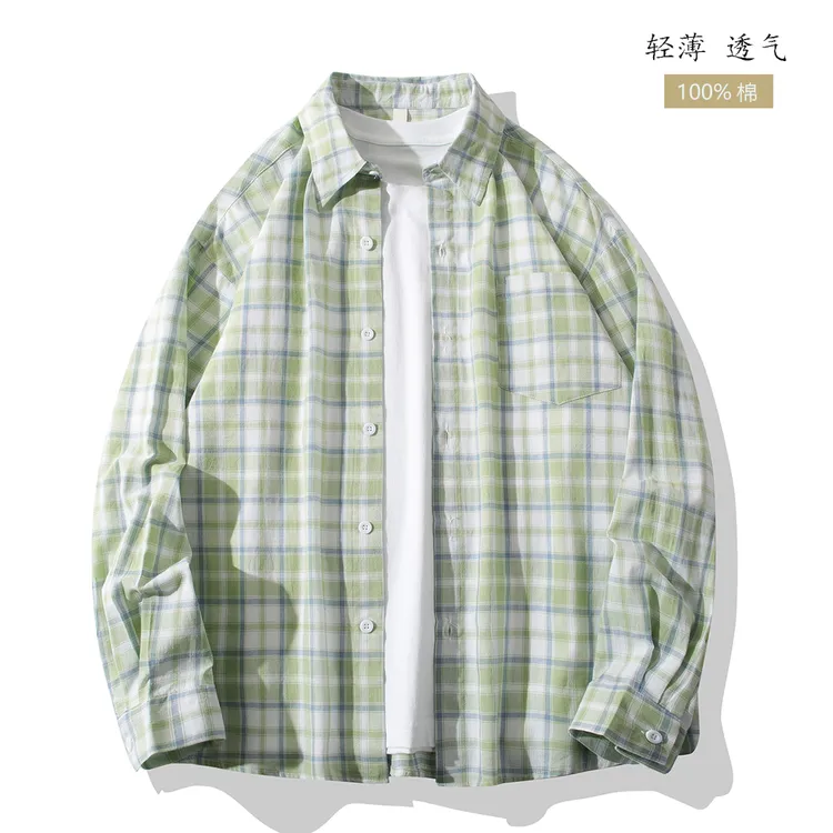 轻薄透气纯棉格子衬衫男士长袖宽松小清新港风夏季薄款衬衣服情侣