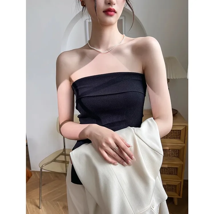 黑色抹胸背心女2025新款内搭无肩带开叉性感外穿打底露肩上衣无袖