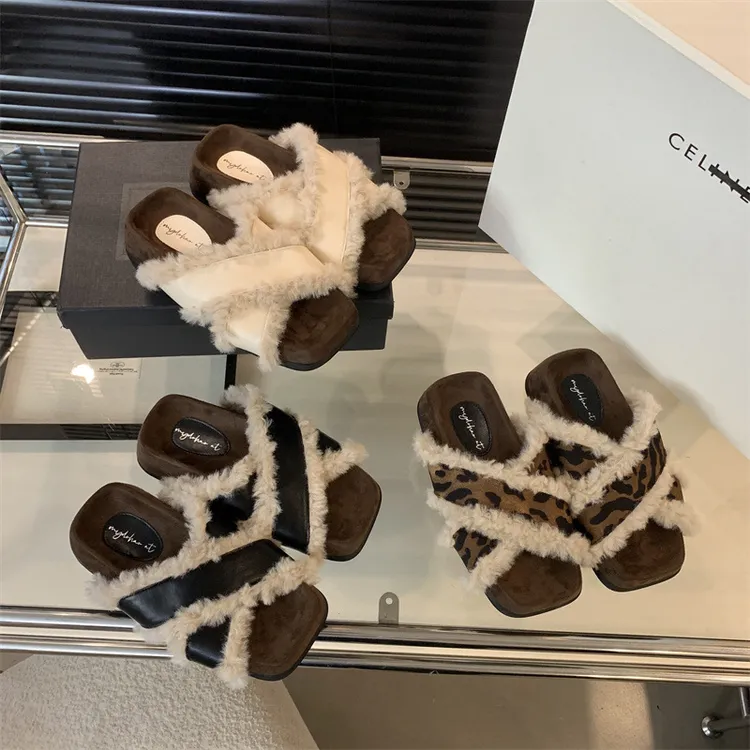 时尚毛毛拖鞋女鞋外穿软皮厚底交叉带毛毛鞋