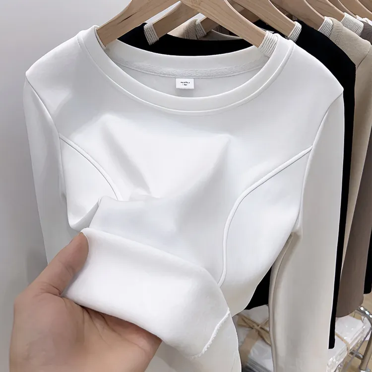 加绒加厚白色保暖大码胖mm百搭长袖韩版正肩显瘦感内搭洋气打底衫