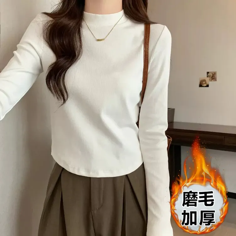正肩长袖打底小衫t恤女秋冬春秋加绒立领内搭显瘦早春上衣