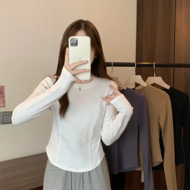 大码胖mm长袖t恤女春秋辣妹正肩显瘦设计感小众内搭打底衫上衣潮