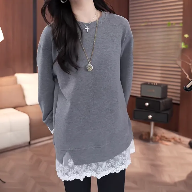 2025新款设计感假两件显瘦长袖拼接蕾丝百搭打底上衣LK2500756